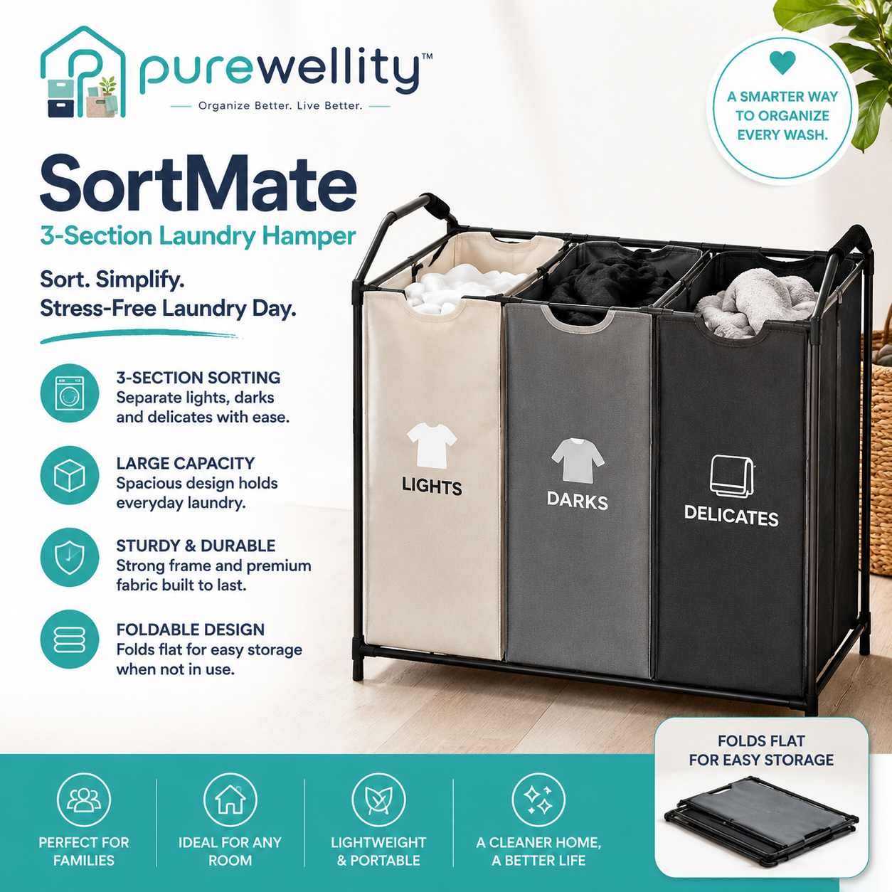 Purewellity™ SortMate 3-Section Laundry Hamper