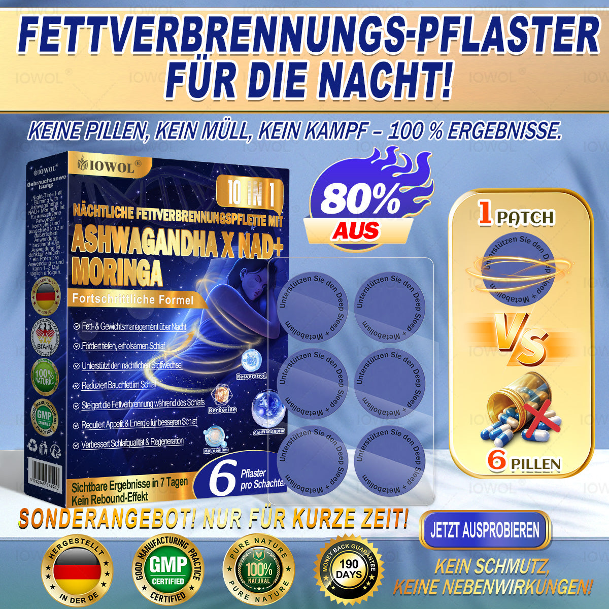 IOWOL® NACHT-PFLASTER ZUR FETTVERBRENNUNG! KEINE TABLETTEN & KEINE VERSCHWENDUNG & KEINE MÜHE & 100 % ERGEBNISSE.