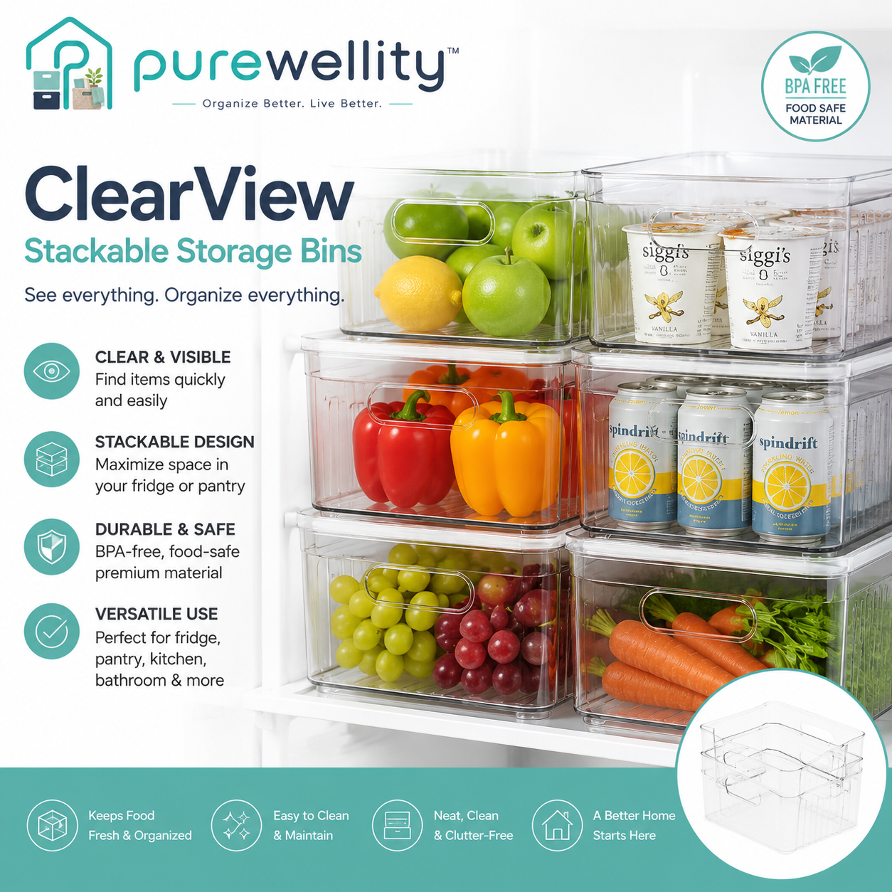 Purewellity™ ClearView Stackable Storage Bins
