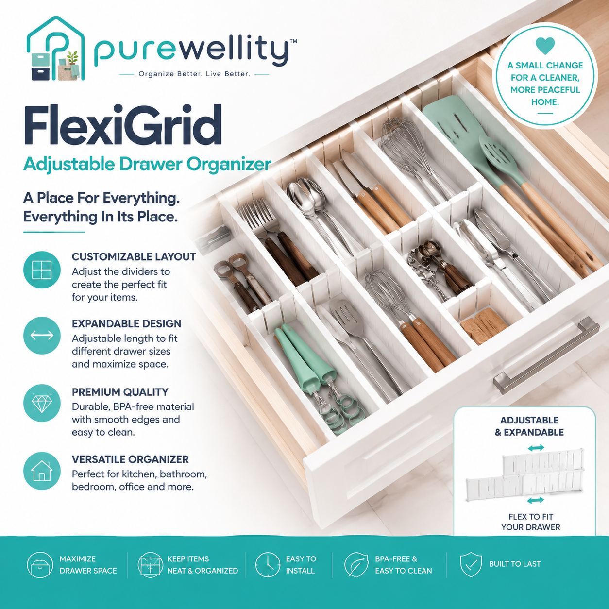 Purewellity™ FlexiGrid Adjustable Drawer Organizer
